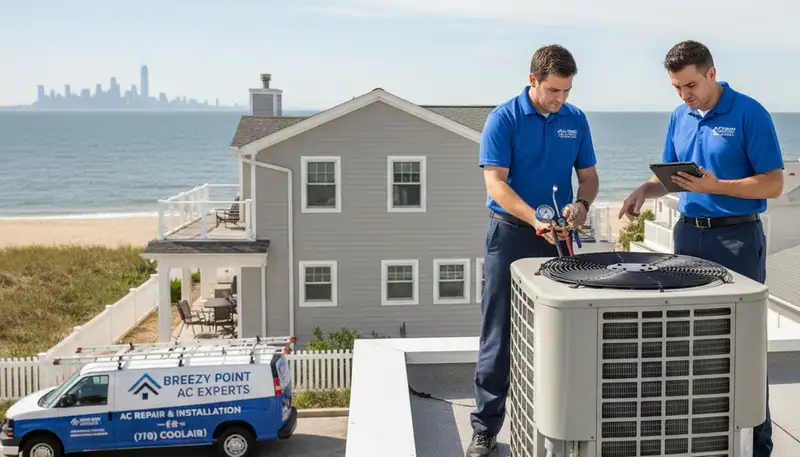 Professional AC repair technician servicing home air conditioner unit in Brooklyn, NY