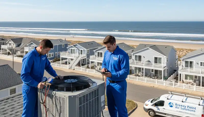 Professional AC repair technician servicing air conditioner unit in Brooklyn NY home