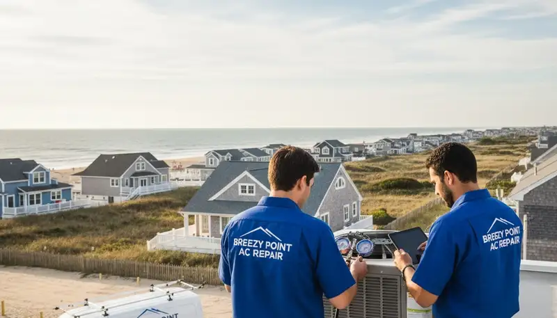 Professional AC repair technician servicing air conditioner in Brooklyn NY home