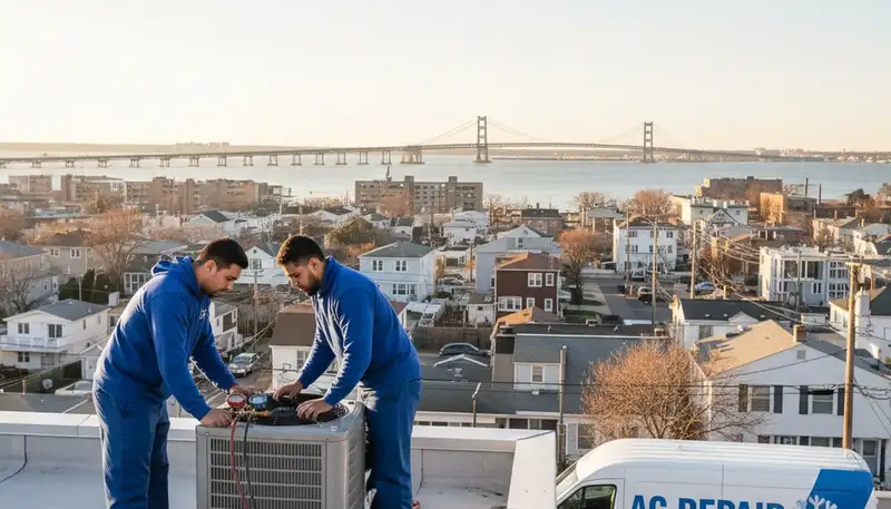 Professional AC repair technician servicing air conditioner in Brooklyn NY home