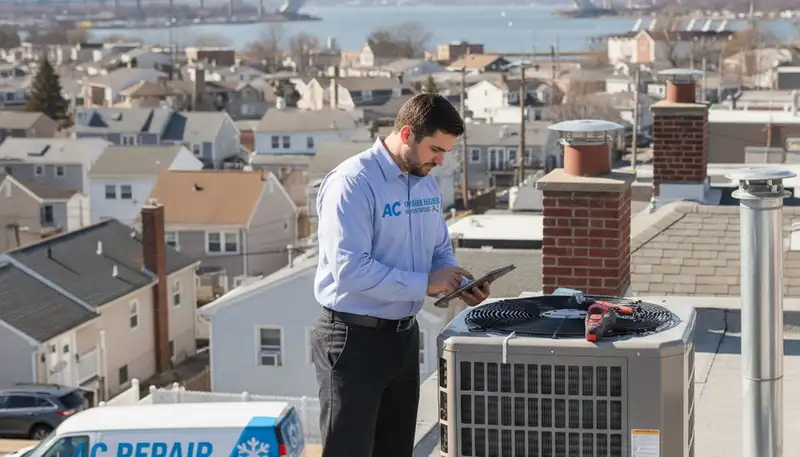 Professional AC repair technician servicing air conditioner unit in Brooklyn, NY