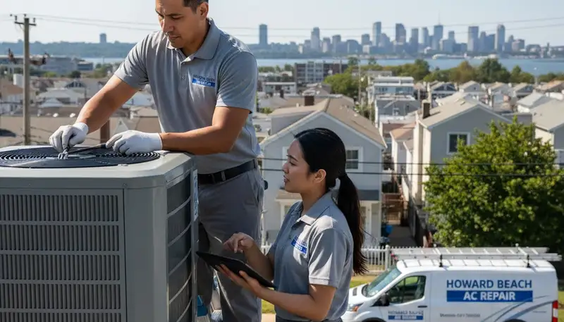 Professional AC repair technician servicing air conditioner in Brooklyn NY home