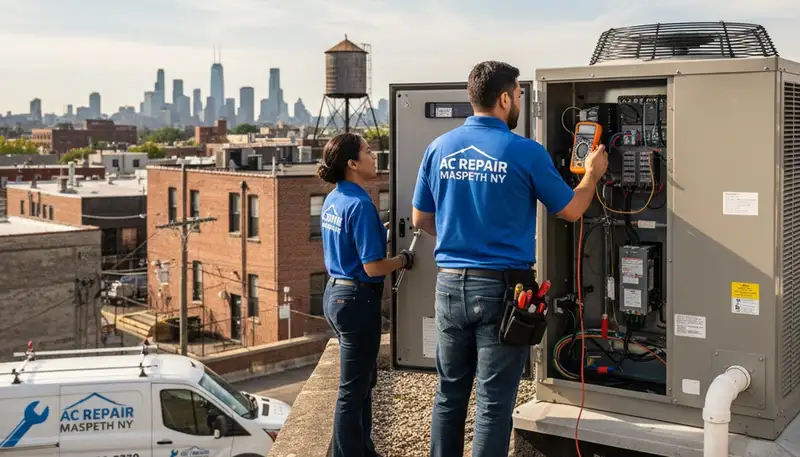 Professional AC repair technician servicing air conditioner unit in Brooklyn NY home