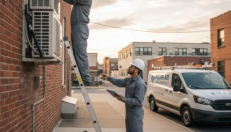 Professional AC repair technician servicing air conditioner in Brooklyn NY home
