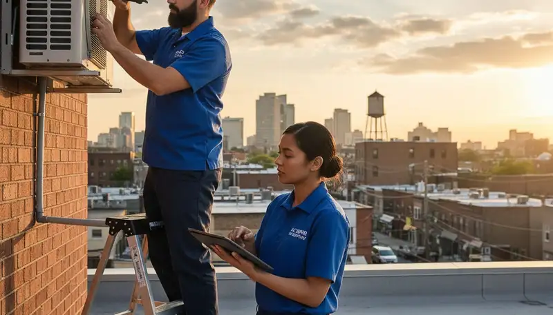 Professional AC repair technician servicing air conditioner unit in Brooklyn, NY