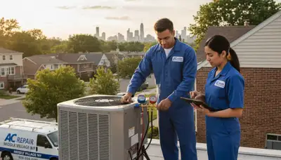 Professional AC repair technician servicing air conditioner unit in Brooklyn, NY