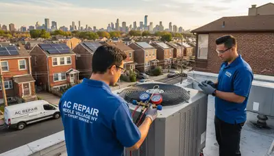 Professional AC repair technician servicing air conditioner unit in Brooklyn NY home