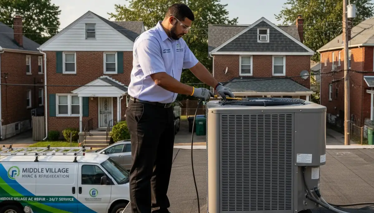 Professional AC repair technician servicing air conditioner in Brooklyn, NY home