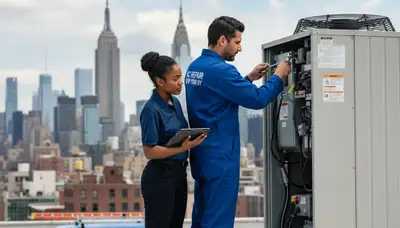 Professional AC repair technician servicing air conditioner unit in Brooklyn NY