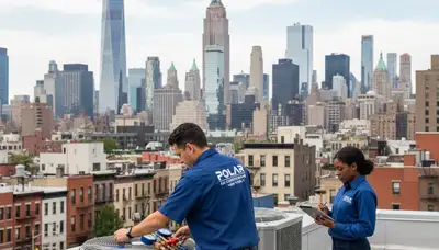 Professional AC repair technician servicing cooling unit in Brooklyn, NY home