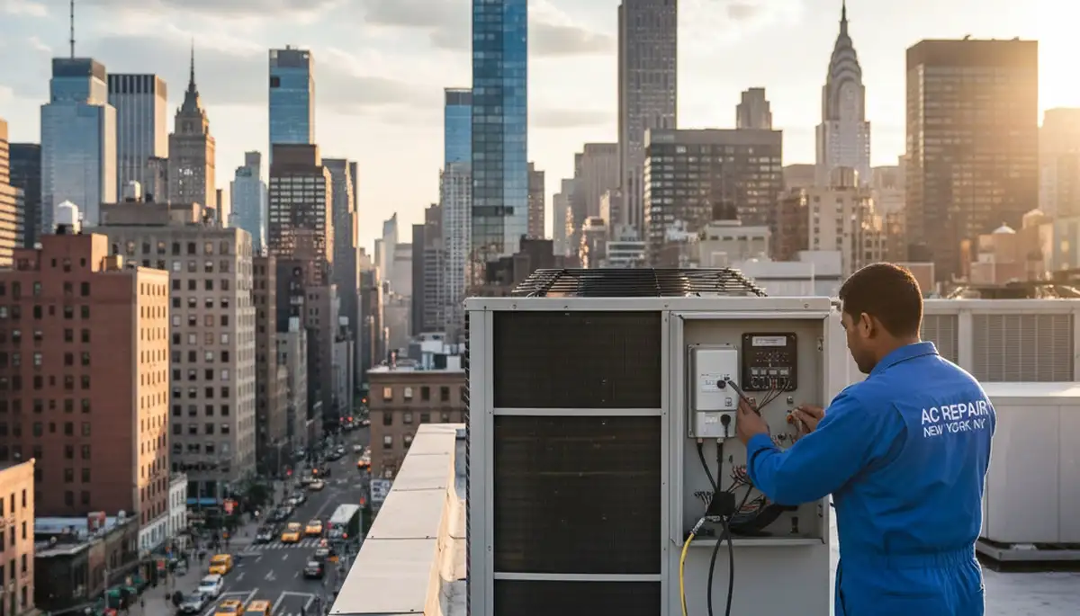 Professional AC repair technician servicing air conditioner in Brooklyn NY home