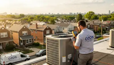 Professional AC repair technician servicing air conditioner unit in Brooklyn NY