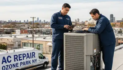 Professional AC repair technician servicing air conditioner unit in Brooklyn NY home