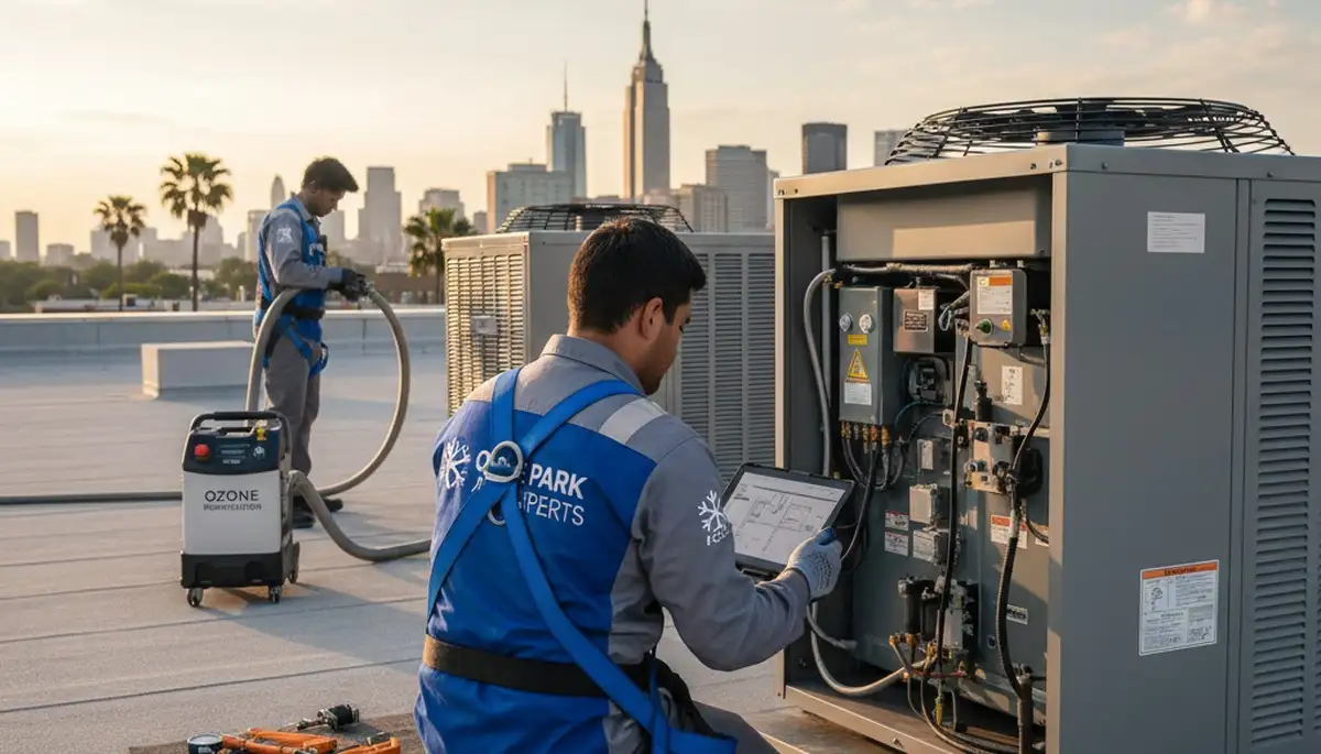 Professional AC repair technician servicing air conditioner unit in Brooklyn NY home