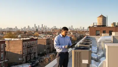 Professional AC repair technician servicing air conditioner in Brooklyn, NY home