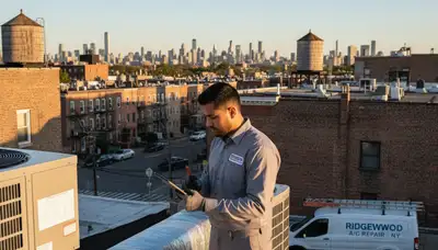Professional AC repair technician servicing air conditioner unit in Brooklyn, NY home