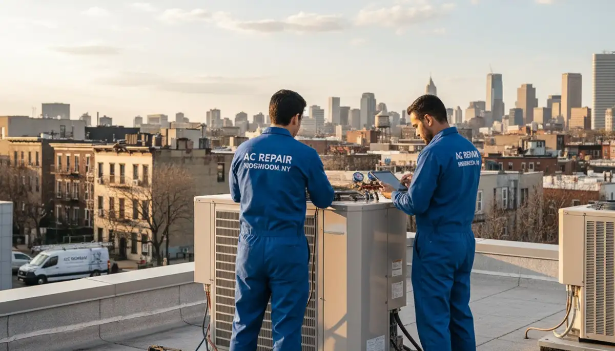 Professional AC repair technician servicing air conditioner unit in Brooklyn NY home