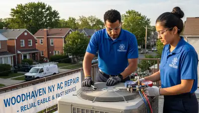 Professional AC repair technician servicing air conditioner in Brooklyn, NY home