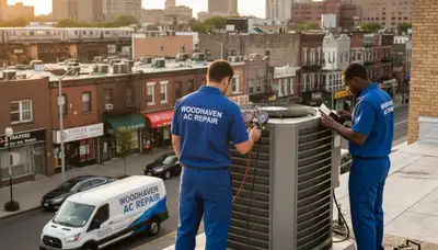 Professional AC repair technician servicing air conditioner in Brooklyn, NY home