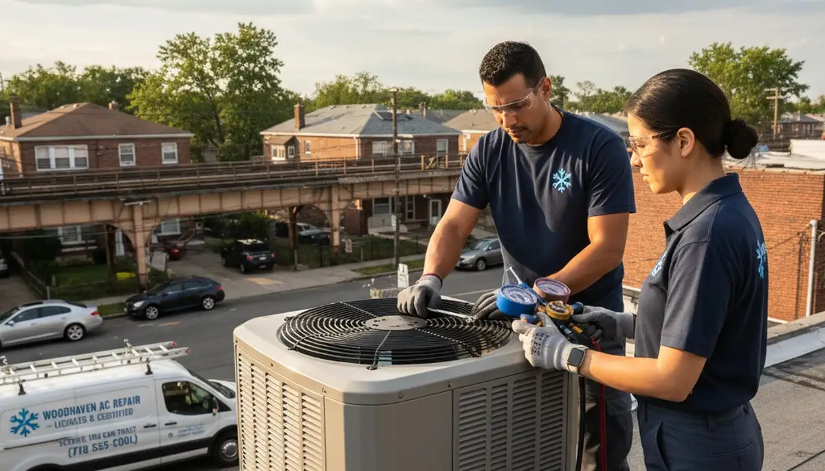 Professional AC repair technician servicing air conditioner unit in Brooklyn NY home