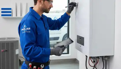 Technician performing boiler repair in Brooklyn NY home for Five Star Cooling heating service