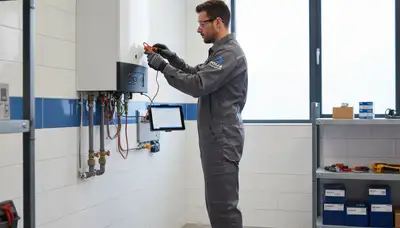 Technician performing boiler repair in Brooklyn NY home for Five Star Cooling heating service