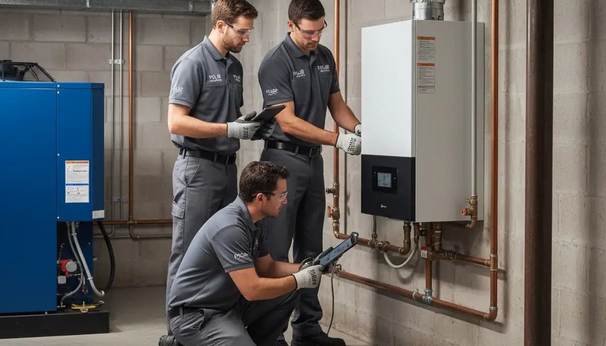 Technician performing boiler repair in Brooklyn NY home for Five Star Cooling heating service