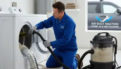 Technician performing professional dryer vent cleaning service in Brooklyn, NY home