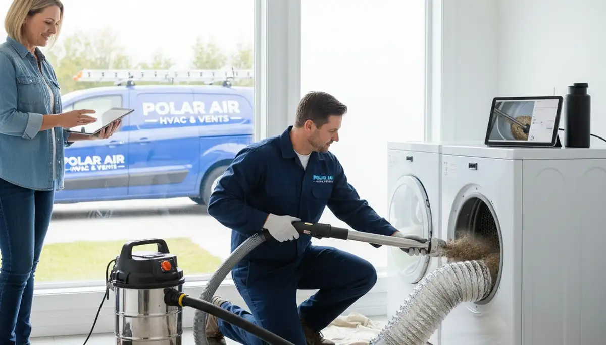 Technician cleaning dryer vent for improved airflow and safety in Brooklyn, NY home