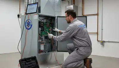 Technician performing furnace repair service in Brooklyn, NY home for Five Star Cooling