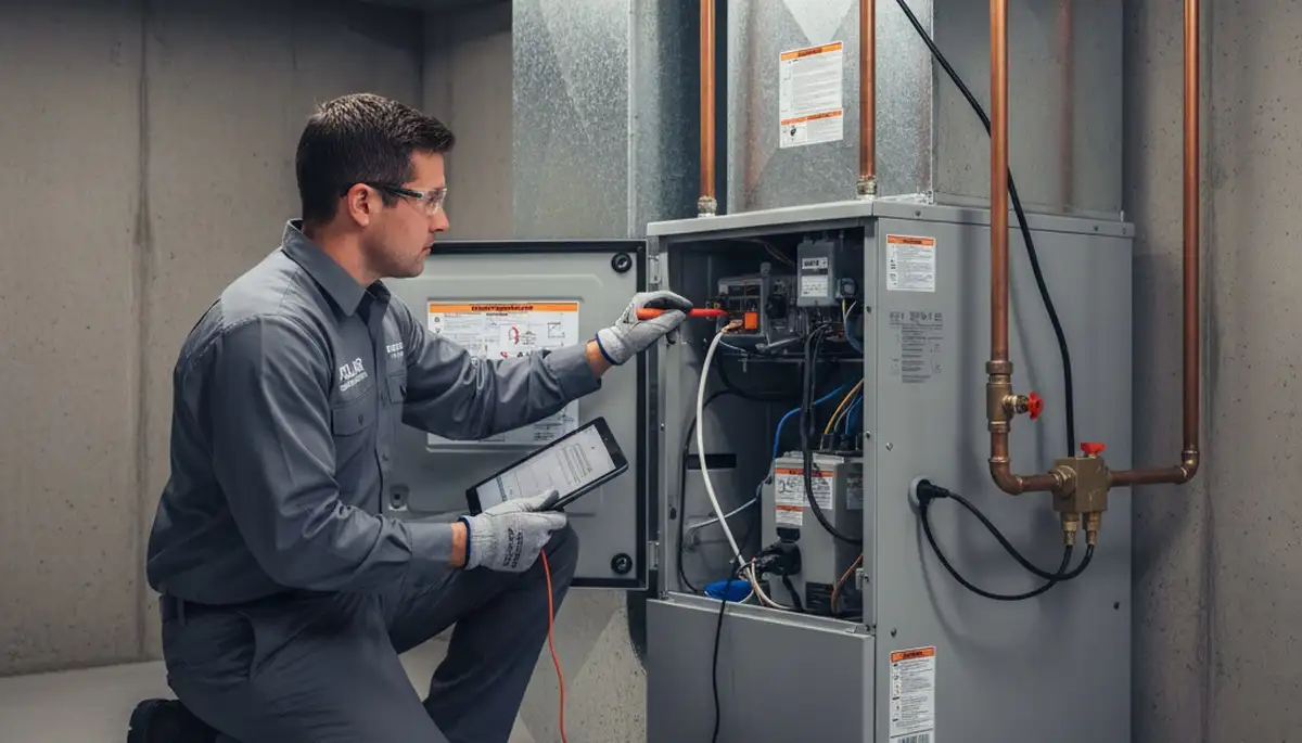Technician performing furnace repair service in Brooklyn, NY home for Five Star Cooling