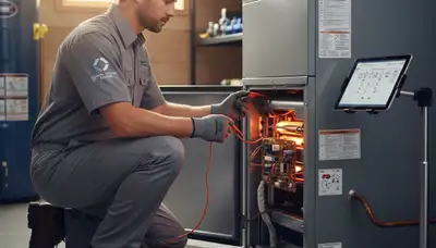 Technician performing heating repair on furnace system in Brooklyn, NY home