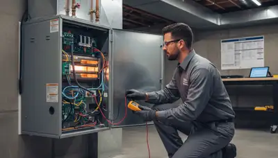 Technician performing heating repair on residential furnace in Brooklyn, NY