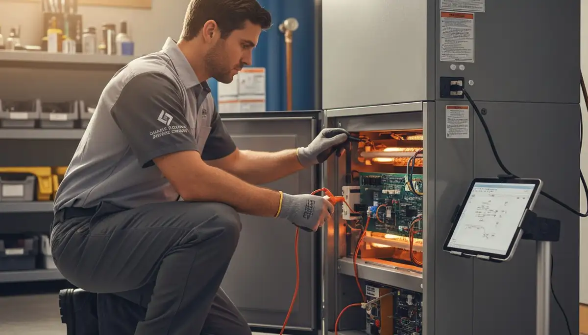 Technician performing heating repair on boiler system in Brooklyn, NY home