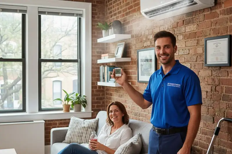 Technician completing AC repair in Brooklyn NY home with fully restored cooling system running efficiently