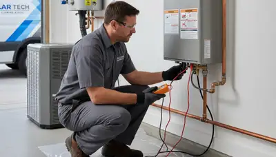 Technician performing water heater repair service in Brooklyn NY home for Five Star Cooling