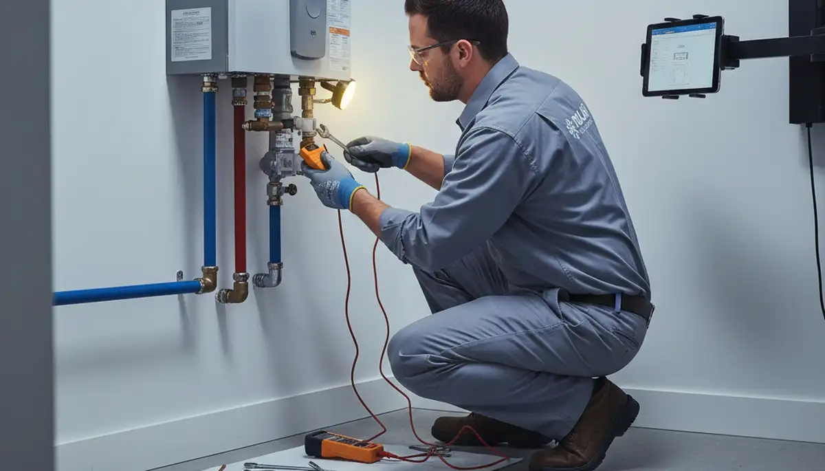 Technician repairing residential water heater in Brooklyn NY home for Five Star Cooling service